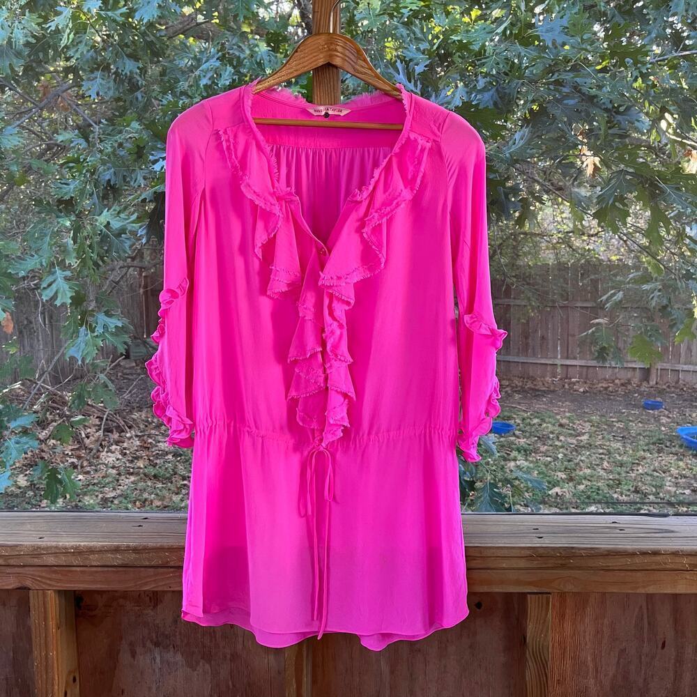 Rebecca Taylor Women's Bright Pink 100% Silk Ruffle Front Tunic Top Size 6
